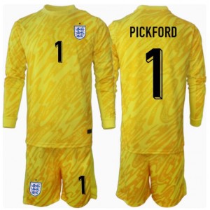 Fotbalové Dres Anglie Jordan Pickford #1 Brankářské Dětské Venkovní Oblečení ME 2024 Dlouhý Rukáv (+ trenýrky)